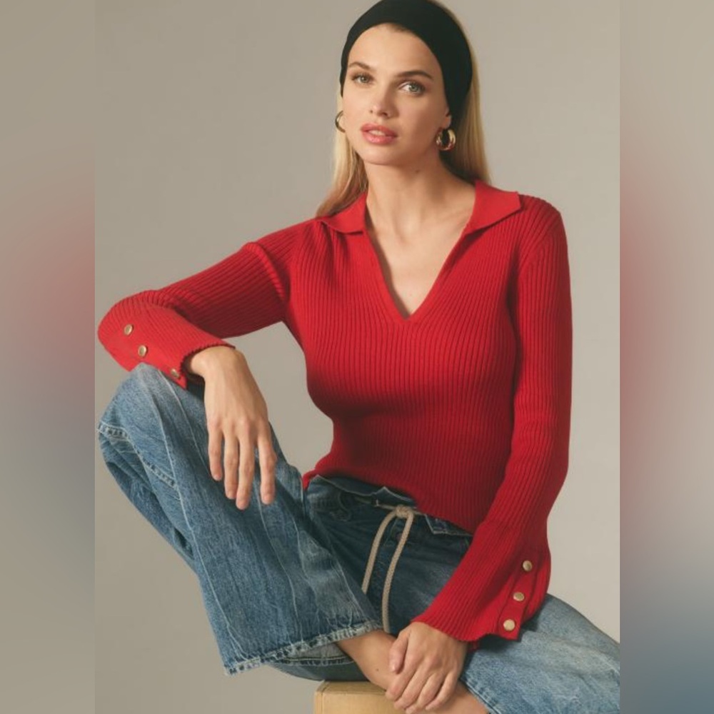 Maeve Anthropologie Bell-Sleeve Polo Sweater